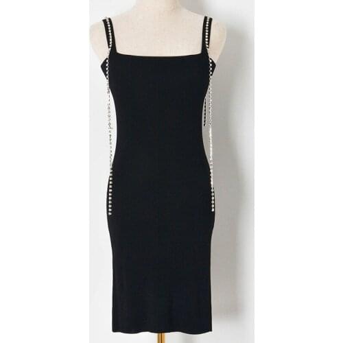Sexy Backless Bodycon Dress Women Spaghetti Strap Tank Dress with Beaded Chain 2021 New White/black Short Mini Summer Dress