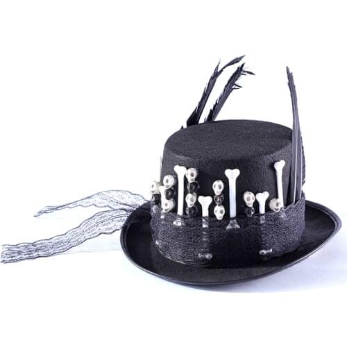 Hat Men Women Gothic Top Hat With Skulls Lace Feather Stage Magic Hat New Fashion Steampunk Handmade Skeleton Hats Party