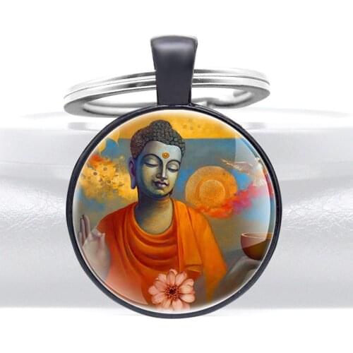 Vintage Buddhism Glass Cabochon Keychain Pendant Men Women Pretty key Ring Charm Jewelry Accessories Gifts