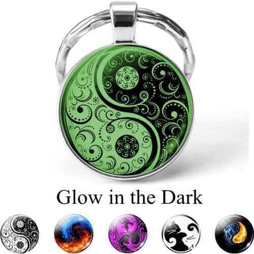 Yin Yang Luminous Cabochon Jewelry Yin Yang Flower Cat Dragon Keychains Key Rings Glow In The Dark Jewelry Pendant