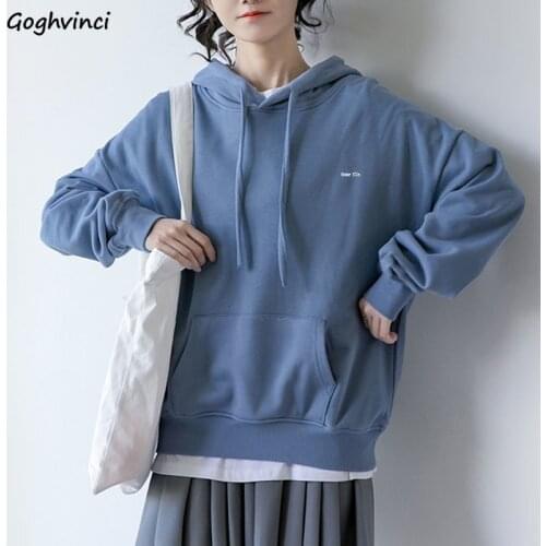 With Hat Hoodies Women Fashion College Solid Pockets All-match Autumn Leisure Loose Korean Style Teens Letter Streetwear Chic