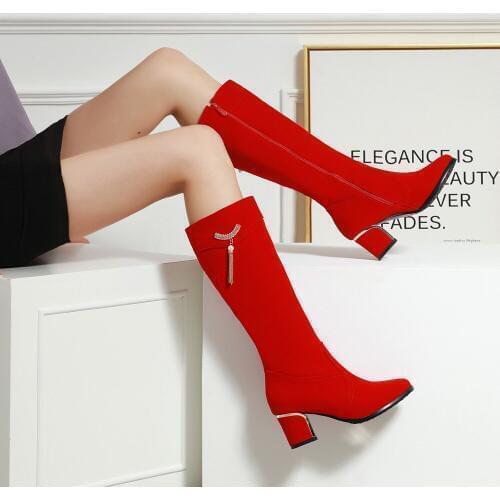 2020 new Knee High Boots Women Shoes Woman Fashion High Heels Winter Party Tassel thick Boots Bottine Mujer Large Size 32 33 43