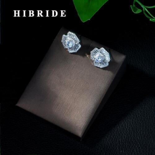 HIBRIDE Design Elegant Cubic Zirconia Jewelry Silver Color Sparkling CZ Stones Big Flower Stud Earrings For Women E-405