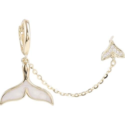 1Pcs Korean Gold Color Double Ear Hole Link Chain Hoop Earring For Women Mermaid Tail Shell Pendants Jewelry Accessories Gifts