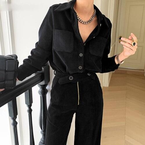 2021 New Spring Fashion Corduroy 2-piece Set Single-breasted Top and High Waist Loose Straight-leg Pants Ladies Womens Suit