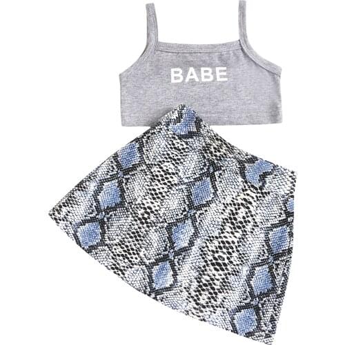 2Pcs New Fashion Summer Kids Girls Two- piece Clothes Set Letter Sleeveless Top+Snakeskin Print Skirt Toddler Girls Outfit