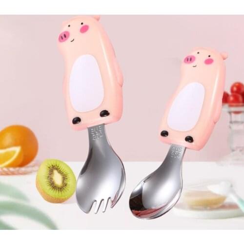 2Pcs/Set Stainless Steel Cutlery Spoon Fork Set Kid Spoon Food Grade Cartoon Pattern Dinnerware Spoon and Fork for Home
