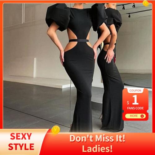 2021 Summer Womens Dress Fashion Cut Out Evening Sexy Night Club Party High Waist Black Puff Sleeve Celebrity Long Formal Dress