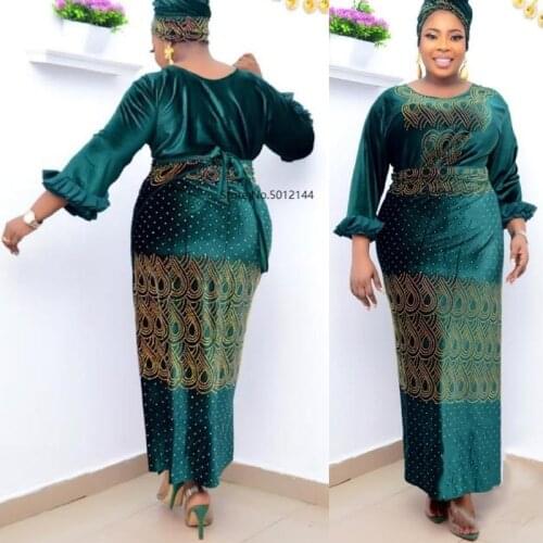 3 Pieces Sets Women Clothes Velvet Top Skirt Suit With Turban African Elegant Party Robe Dashiki Outfit Muslim Fashion Dress