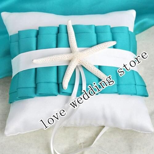 Blue and White Starfish Satin Wedding Ring Pillow for Beach Themed Wedding decorations