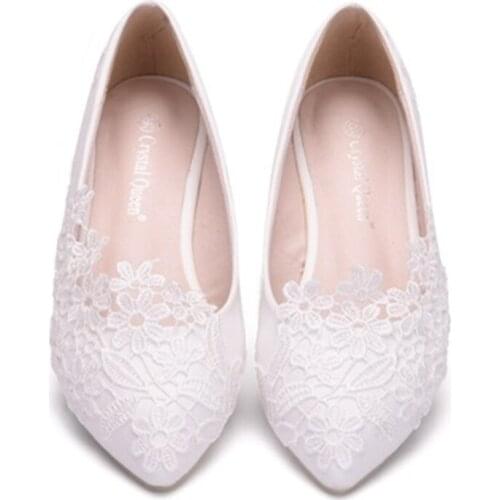 Free Shipping Large size flat lace wedding shoes white pointed casual flat heels lace womens shoes with low heels
