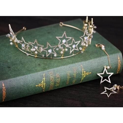 Shining Star Shape Bridal Crown Wedding Headband Earring Set Crystal Pearl Fairy Angel Temperament Wedding Jewelry Gift Set