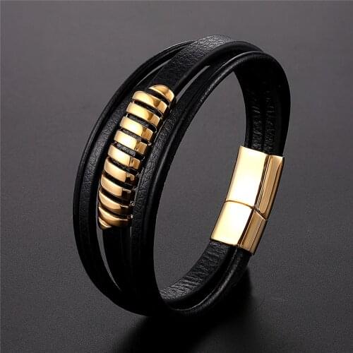 Stainless Steel Magnetic Clasp Genuine Men Bracelet Jelwelry Charm Multi-layer Leather Bangle Punk Wristband Gift For Boy Friend