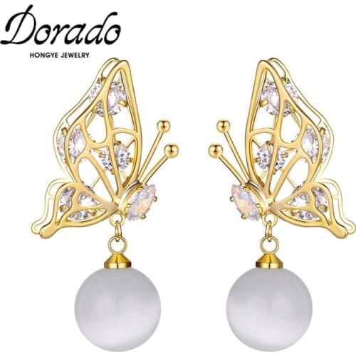 Dorado Luxury Hollow Metal Butterfly White Ball Crystal Drop Earrings for Women Trendy High Quality Zircon Jewelry Brincos Hot