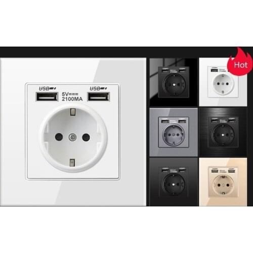 Good Quality EU Socket German Standard Wall Socket with 2 USB Charging Port PC Glass Panel Gold Grey White Black Colour