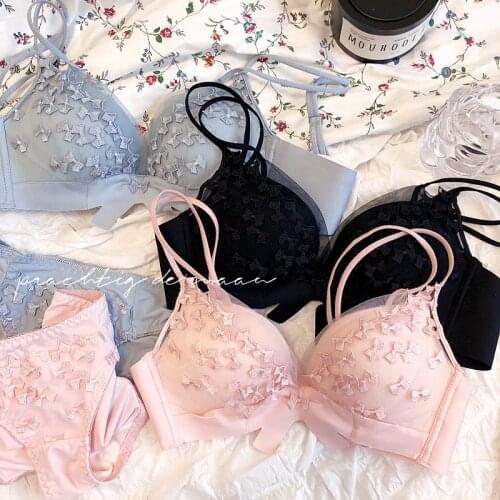 4 Colors Lace Solid Bowknot Embroidery Young Girls Intimates One-Piece Seamless Push Up Wireless Bra And Panty Underwear Sets