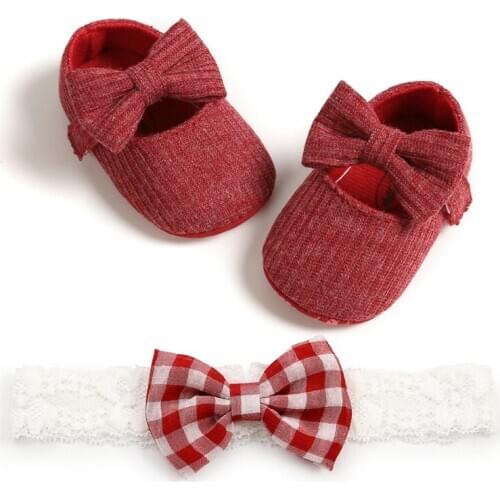 Lovely Baby Girl Winter Autumn Warm Anti-Slip Casual Walking Shoes Bow Sneakers Soft Soled First Walking Shoes Headband 2 Set