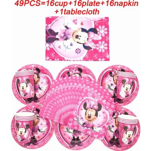 Cute Minnie Party Supplies Pink Disposable Cup Plates Napkin Tableware Kids Minnie Mouse Birthday Party Decorations Tablecloth