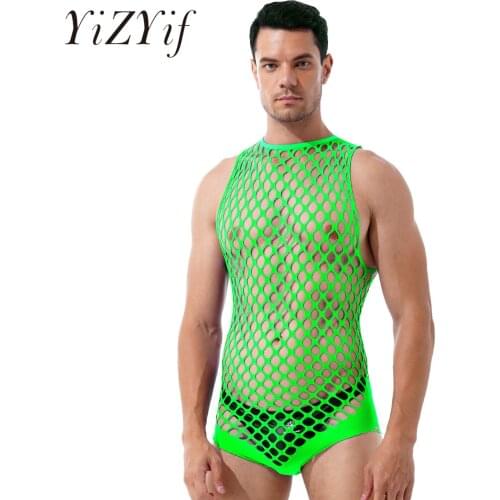 Mens Lingerie See-through Stretchy Bodysuits Nightwear Hollow Out Netted Sexy Bodystockings Halter Neck Sleeveless Rompers