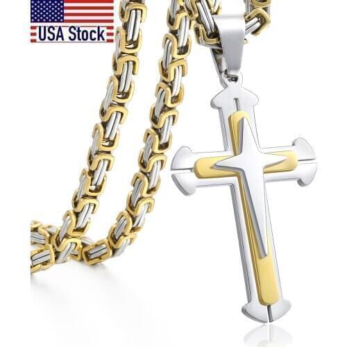 Mens Cross Necklace Gold Black Cross Pendant Stainless Steel Byzantine Chain Necklace 2020 Hip Hop Male Jewelry KP180