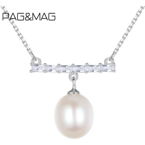 PAG&MAG Freshwater Pearls With Clear CZ Pendant Necklace For Women Female 925 Sterling Silver Chian Charm Original Fine Jewelry