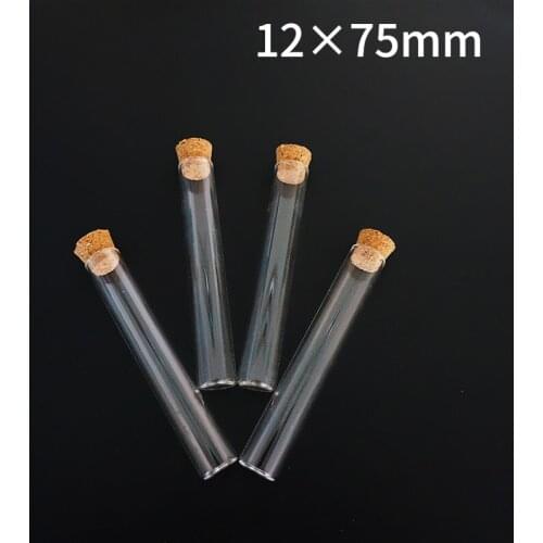 12pcs/lot 12x75mm Flat bottom Clear Glass test tubes with cork stopper for kinds Lab/experiments