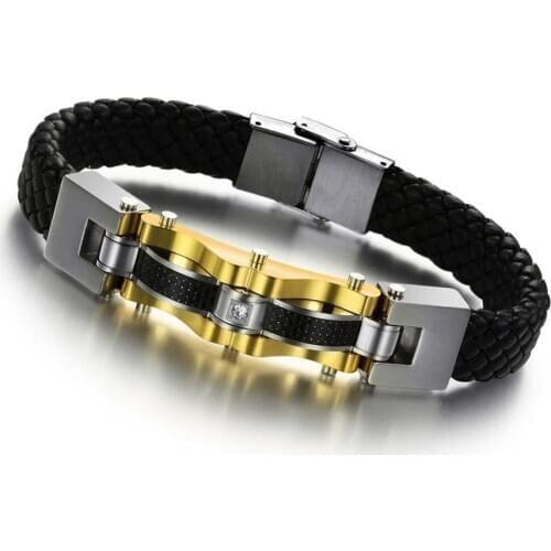 Luxury Genuine Leather Bracelet Bangle Man Gold Color Stainless Steel Bracelet Jewelry With Carbon Fiber