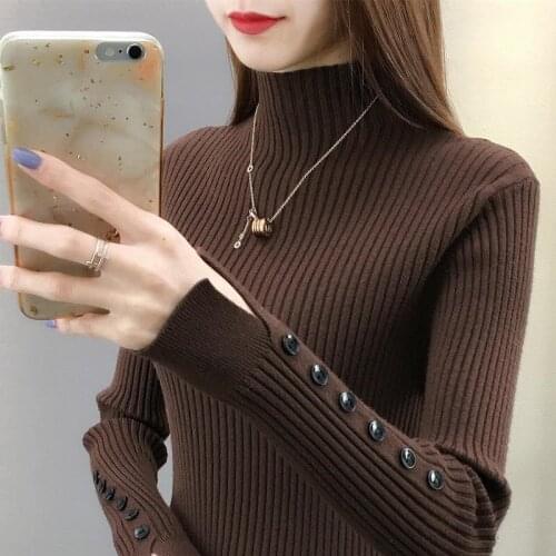 High Elasticity Knitted Sweaters Women Half Turtleneck Pullover Button Slit Cuffs Solid Color Plus Size Bottoming Sweater KW1031
