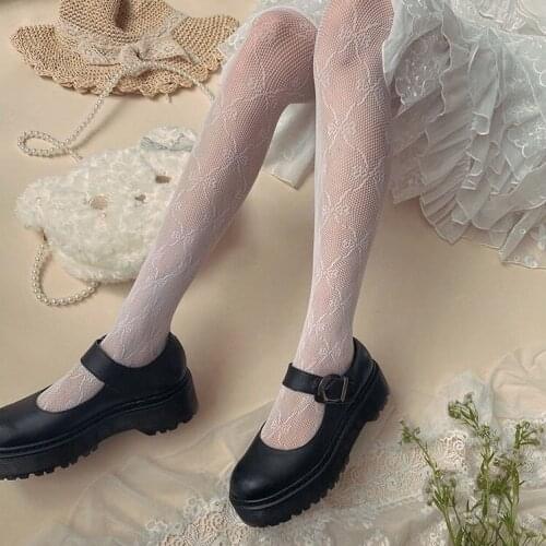 Womens Tights Fishnet Mesh Nylon Transparent Girls Hosiery Vintage Pantyhose Japan Style Bowknot Print Night Club White Tights