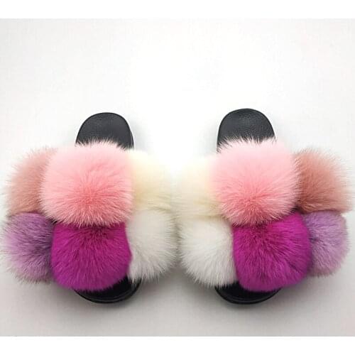 Fashion Fur Women Slippers Furry Slides Summer Fluffy Slippers House Shoes Woman Real Fur Slides Home Womens Fur Fox Slippers
