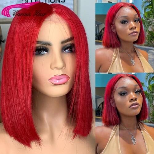 Red Short Bob Straight Human Hair Wigs For Women Blue Color 13X1 Lace Front Wigs 180% Preplucked Remy Brazilian Lace Wigs