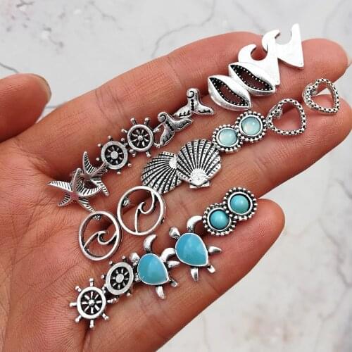 12 Pairs Vintage Bohemian Mix Ocean Design Starfish Piercing Earring for Women Little Anchor Shell Ear Studs Cuff Earring Set