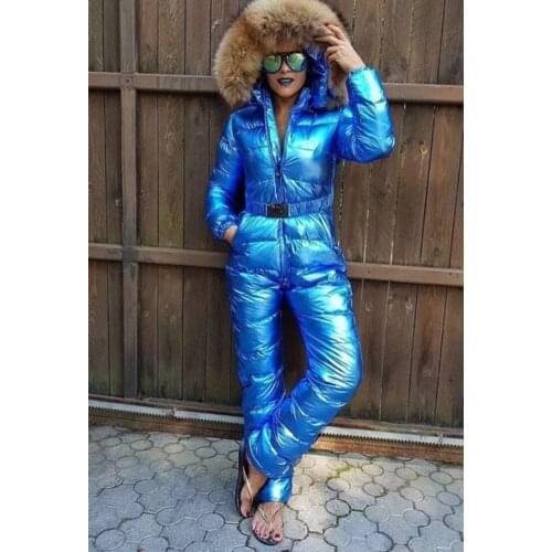 Customized super real fur 2018 Winter jumpsuit women white duck down jackets Womens ski suit down jacket outdoor suit outerwear