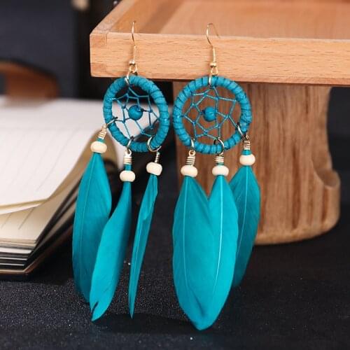 Bohemian Hollow Dream Catcher Leaf Feather Earrings For Women Indian Jewelry Blue Natural Stone Drop Dangle Earrings