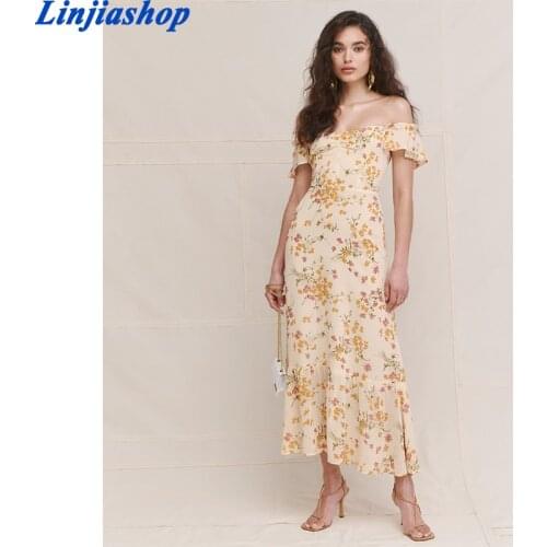 2021 Summer Retro Elegant Elastic off Shoulder Long Dresses France Beige Floral Print Vintage Back Zipper Women Summer Dress