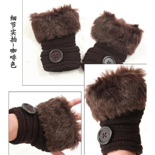 120pairs/lot knitted faux rabbit fur half finger glove with big button