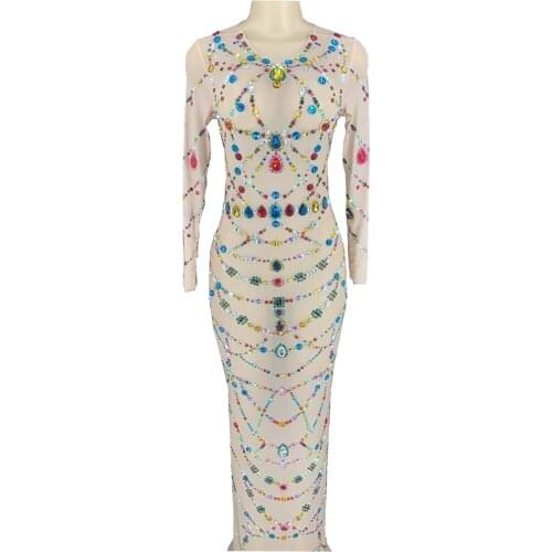 Sparkly Multi-color Rhinestones Transparent Long Dress Prom Party Birthday Dress Women Sexy Crystals Celebrate Show Bar Outfit