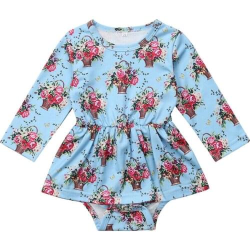 Spring Newborn Baby Girl Autumn Long Sleeve Flower Print Bodysuits Dress Blue Floral Bodysuit Sweet Kids Cotton Clothes Outfits