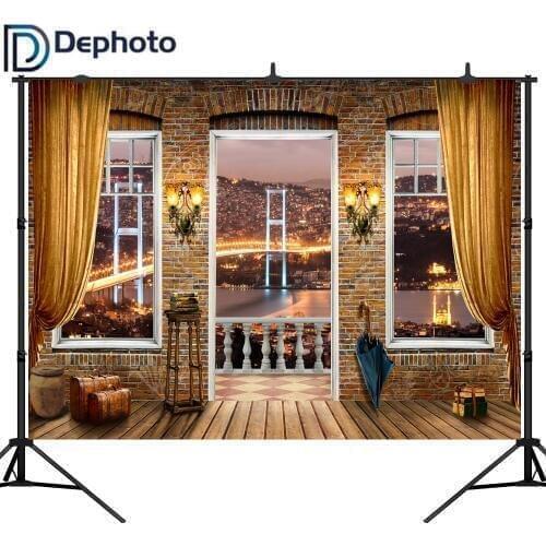 DePhoto Curtain Balcony Bridge City Night Scenic Portrait Photography Backgrounds vinyl Photographic Backdrops For Photo Studio