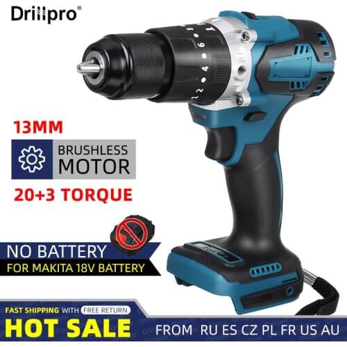 Drillpro 3 in 1 Brushless Cordless Electric Impact Drill Hammer 13mm 20+3 Torque Electric Screwdriver for Makita 18V Battery