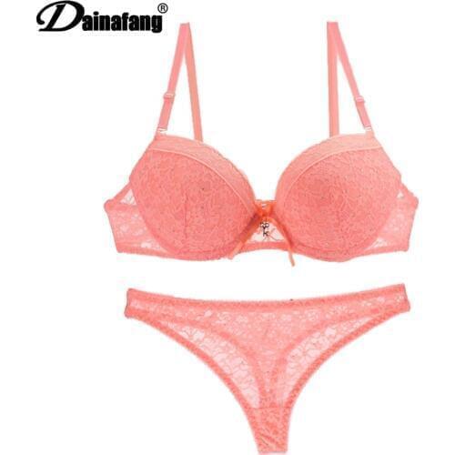 DaiNaFang Brand Luxury French Sexy Gold Lace Bras Sets For Womens Push Up Lingerie Set Ladies Underwear Bra and Thong