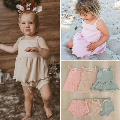 Free Shipping 2PCS Infant Baby Girl Clothes Sets 0-24M Solid Sleeveless Tops +Shorts Pants Outfit Summer Lovely Sets