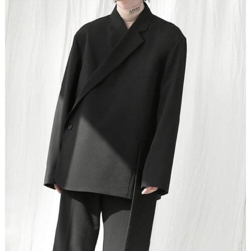 Suit Mens Yamamoto style super loose dark black simple double breasted irregular asymmetric