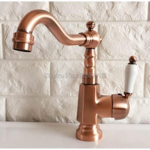 Red Copper Swivel Spout Bathroom Faucet Wash Basin Mixer Sink Faucets Deck Mount Single Handle Cold & Hot Water Mixer Tap Wnf396