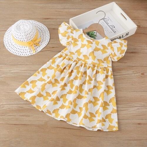 Girls summer dress children golden leaf pattern dress with hat