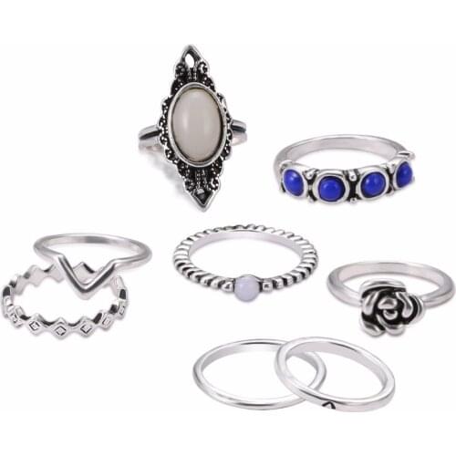 Lureme Antique Silver Bohemia Vintage Punk Boho Rings For Women Knuckle Joint Ring Set 8PCS/Set (rg001956)