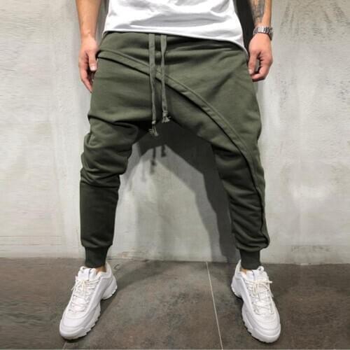 2021 Men Pants Summer and Autumn Sporty Men Solid Color Drawstring Asymmetric Double Layer Long Running Pants Mens Casual Pants