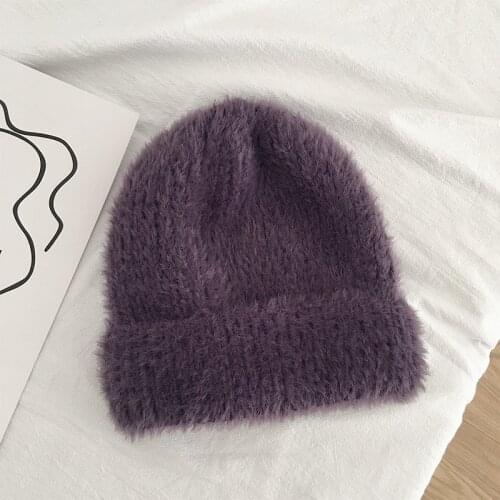 Soft Mohair Beanies Glutinous Wool Hat Purple New Autumn Winter Knitted Warm Beanies Fur Hats for Women Fashion