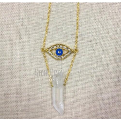 H-QN49 Hearing Crystal Quartz Point Blue Evil Eye Necklace Gold Color
