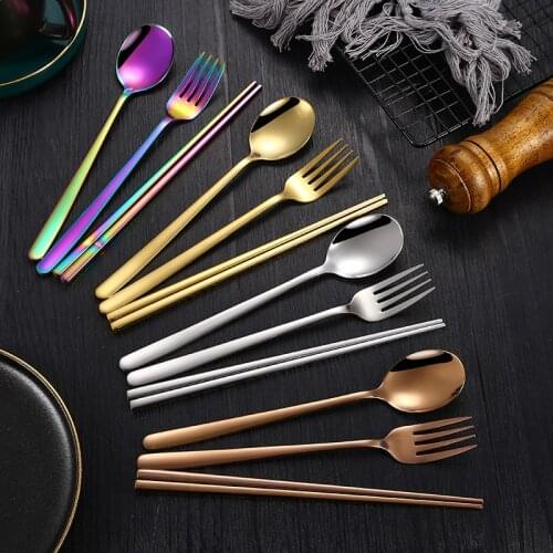 Korean 304 Stainless Steel Food Chopsticks Spoon Fork Set Long Handle Non-slip Chopsticks Dessert Spoons Dinnerware Set